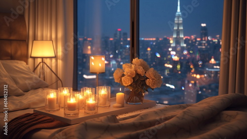 modern design bedroom,big windows view on night city ,flowers and candles cozy room,buildings blurred light,generated ai