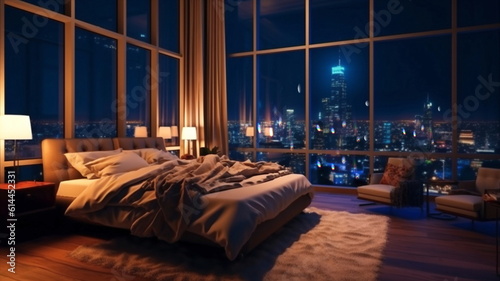 modern design bedroom,big windows  view on night city ,flowers and candles cozy room,buildings blurred light,generated ai © Aleksandr