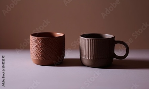  two coffee mugs sitting on a table next to each other on a white tablecloth covered tablecloth with a brown background behind them. generative ai