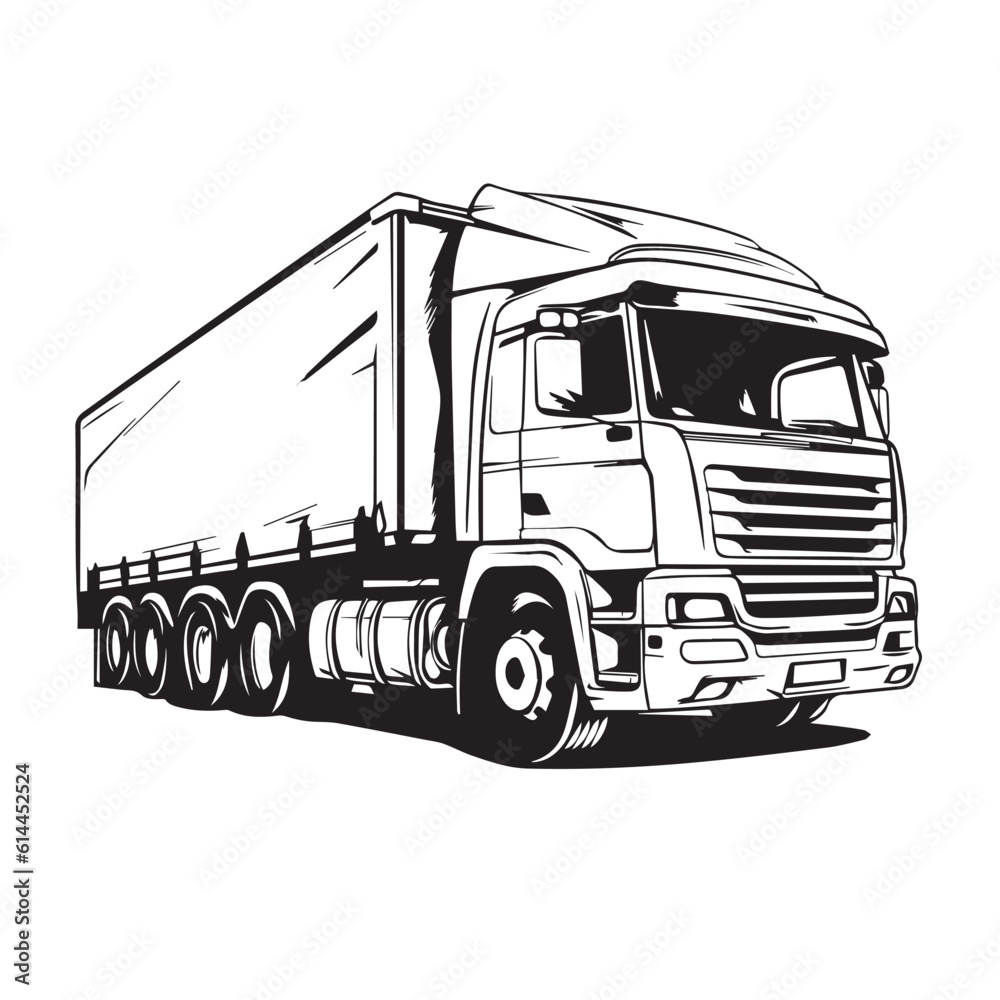 Bold Graphic Style Black and White Illustration of a Semi-Truck with Trailer, Large Rectangular Grill, Round Headlights, and Six Wheels” Bold Graphic Style Black and White Illustration of a Semi-Truck with Trailer, Large Rectangular Grill, Round Headlights, and Six Wheels”