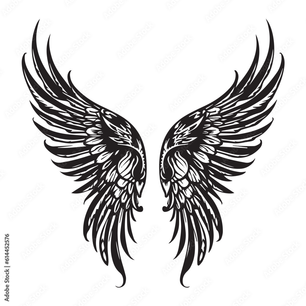 Obraz premium Symmetrical Spread of Intricately Detailed Black and White Tattoo Style Wings Illustration