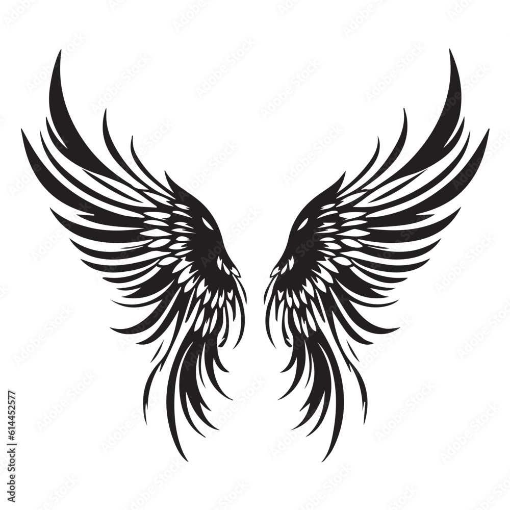 Symmetrical Spread of Intricately Detailed Black and White Tattoo Style Wings Illustration