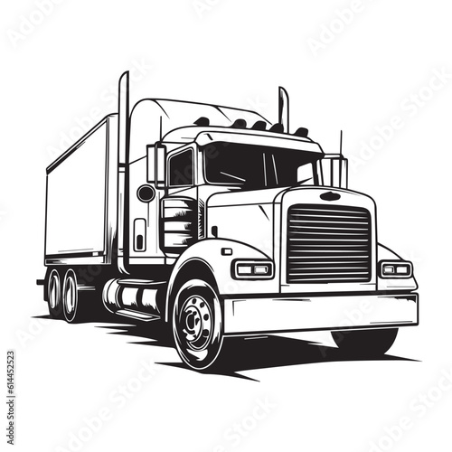 Bold Graphic Style Black and White Illustration of a Semi-Truck with Trailer, Large Rectangular Grill, Round Headlights, and Six Wheels”