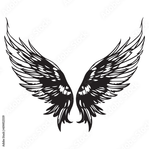 Symmetrical Spread of Intricately Detailed Black and White Tattoo Style Wings Illustration © Fortis Design