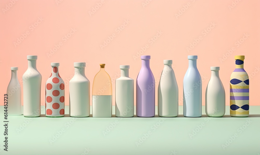 a row of different colored bottles sitting on a table next to a pink wall with a polka dot design on the top of the bottles. generative ai a row of different colored bottles sitting on a table next to a pink wall with a polka dot design on the top of the bottles. generative ai