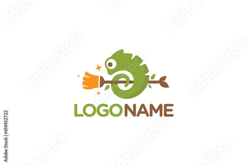 Creative logo design depicting a chameleon with a broom in the center, designated to the cleaning industry.