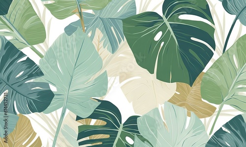  a green and yellow tropical leaf pattern on a white background with a gold foiled edge to the bottom of the image and the bottom half of the leaves.  generative ai