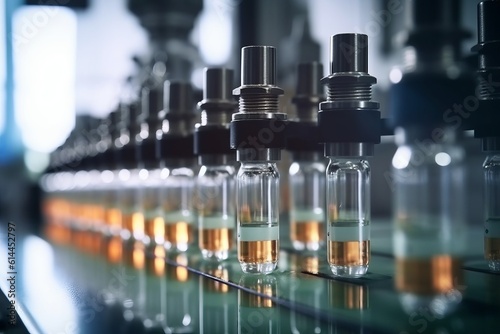 Medical vials on production line at pharmaceutical factory, Pharmaceutical machine, pharmaceutical glass bottles, production line