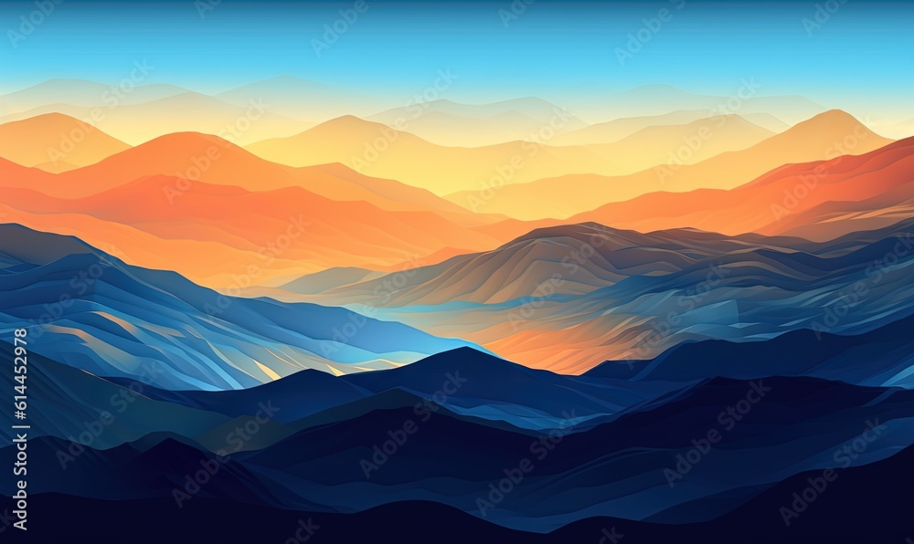  a painting of a mountain range with a sunset in the distance and a blue sky in the foreground with a few clouds in the distance.  generative ai