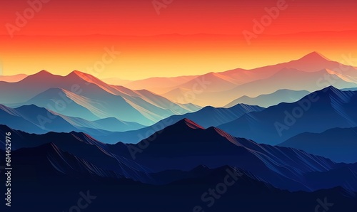  a mountain landscape with a sunset in the background and a red sky in the foreground, with a silhouette of a mountain range in the foreground.  generative ai © Anna