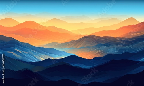  a painting of a mountain range with a sunset in the distance and a blue sky in the foreground with a few clouds in the distance. generative ai