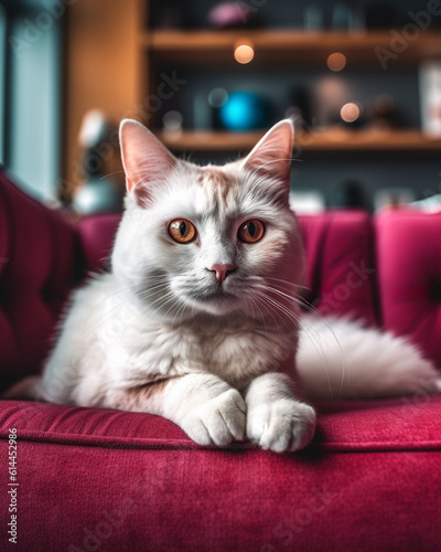 White fluffy cat with amber eyes sitting on a burgundy velvet sofa © Arca Crobatia
