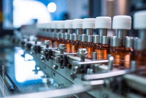 Medical vials on production line at pharmaceutical factory, Pharmaceutical machine,  pharmaceutical glass bottles, production line