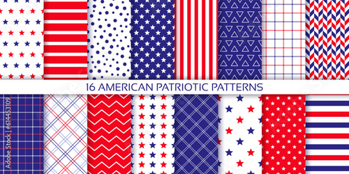4th July patriotic backgrounds. American seamless patterns. America independence day prints with stars, stripes and check. Collection geometric textures. Blue red modern wallpaper. Vector illustration