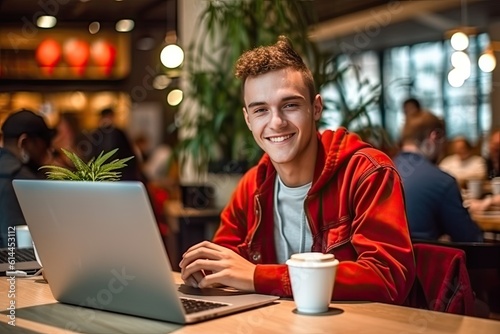 Fotomurale Cheerful and contented young Caucasian man sitting at desk and using laptop with a smile appears to be engaged and focused on his work