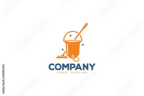 Creative logo design depicting a bucket and a mop shaped like a price tag, designated to the cleaning industry.