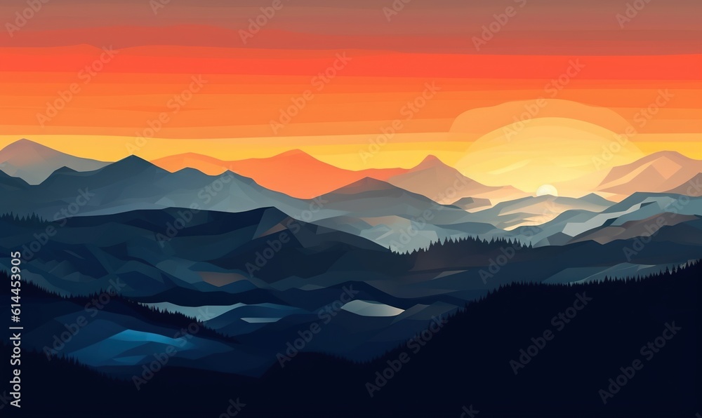  a painting of a sunset over a mountain range with trees and mountains in the distance, with the sun setting in the distance behind the mountains.  generative ai