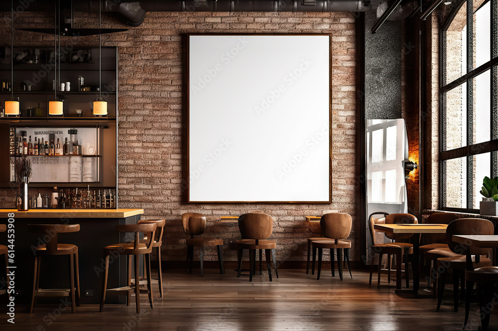 Urban Loft Bar Interior Mockup of Vertical Empty Poster for Creative Display. created with Generative AI