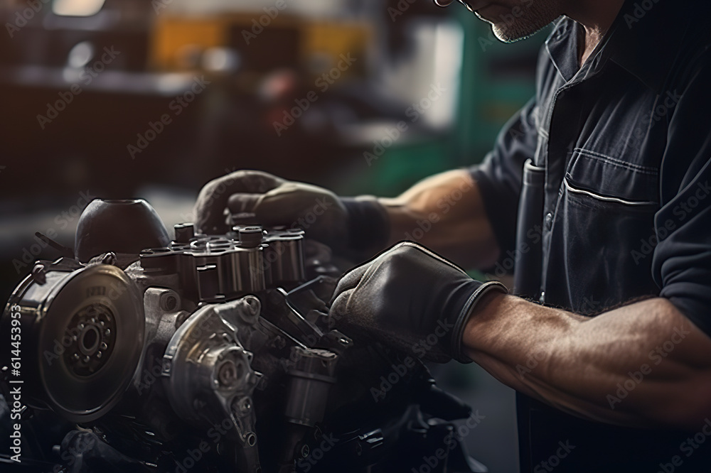 Auto Mechanic at Work Expertly Repairing a Car Engine in a Professional Garage. created with Generative AI Auto Mechanic at Work Expertly Repairing a Car Engine in a Professional Garage. created with Generative AI