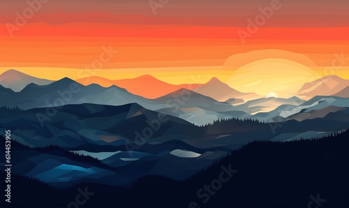  a painting of a sunset over a mountain range with trees and mountains in the distance, with the sun setting in the distance behind the mountains. generative ai