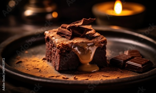  a piece of chocolate cake on a plate with a candle in the backgroung of the plate and a few pieces of chocolate on the plate. generative ai