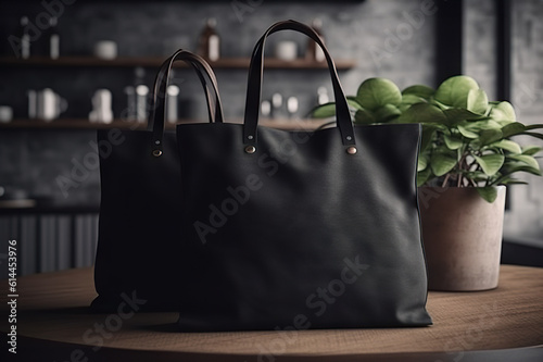 Elegant Black Canvas Tote Bag Mockup Stylish Shopper Set-up in a Home Interior. created with Generative AI