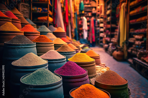 Vibrant spice market display marrakech cultural heritage bustling environment colorful viewpoint culinary concept