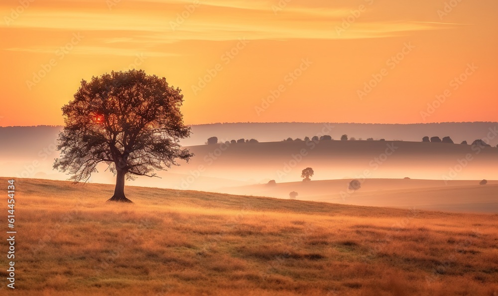  a lone tree in a field with a sunset in the background and fog in the air, with the sun setting in the distance behind the horizon.  generative ai