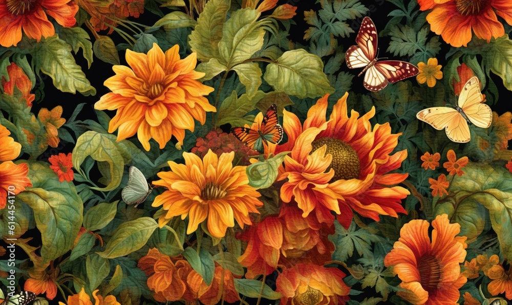 a painting of sunflowers and butterflies with leaves and flowers on a black background with a butterfly flying over them and a butterfly on the top of the sunflowers. generative ai a painting of sunflowers and butterflies with leaves and flowers on a black background with a butterfly flying over them and a butterfly on the top of the sunflowers. generative ai