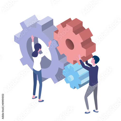 isometric illustration of business team with gears
