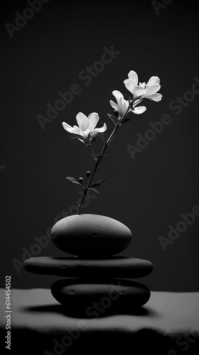  a black and white photo of a flower on rocks with a black background and a white flower in the middle of the photo with a black background. generative ai