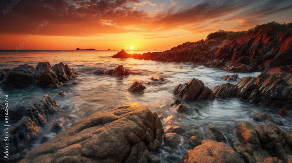 a beautiful sunset over a somewhat stormy sea with large rocks in the foreground. Generative AI a beautiful sunset over a somewhat stormy sea with large rocks in the foreground. Generative AI