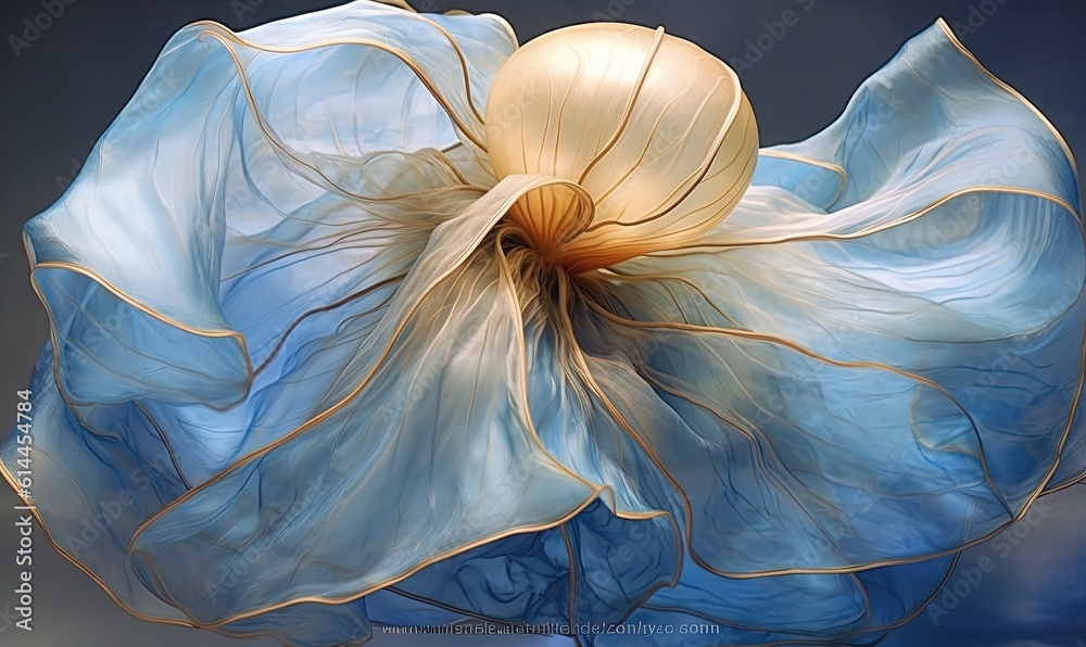 a blue and white flower with a gold center on a blue background with a ...