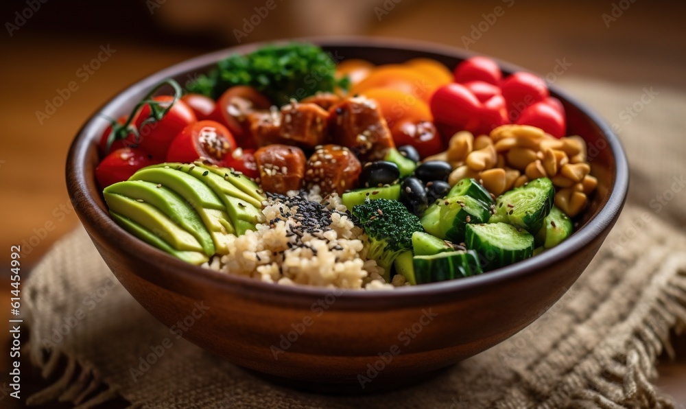 a wooden bowl filled with lots of different types of vegetables and meat on top of a burlow cloth on a wooden tablecloth. generative ai a wooden bowl filled with lots of different types of vegetables and meat on top of a burlow cloth on a wooden tablecloth. generative ai