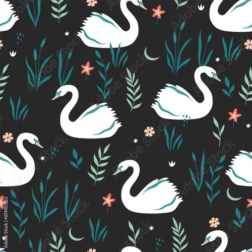 Seamless pattern with white swans and plants on a black background. Vector graphics.