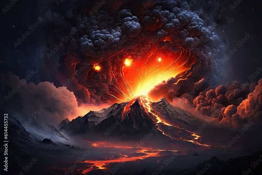 Nighttime volcanic eruption, flowing lava and clouds of smoke