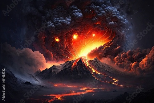 Nighttime volcanic eruption, flowing lava and clouds of smoke