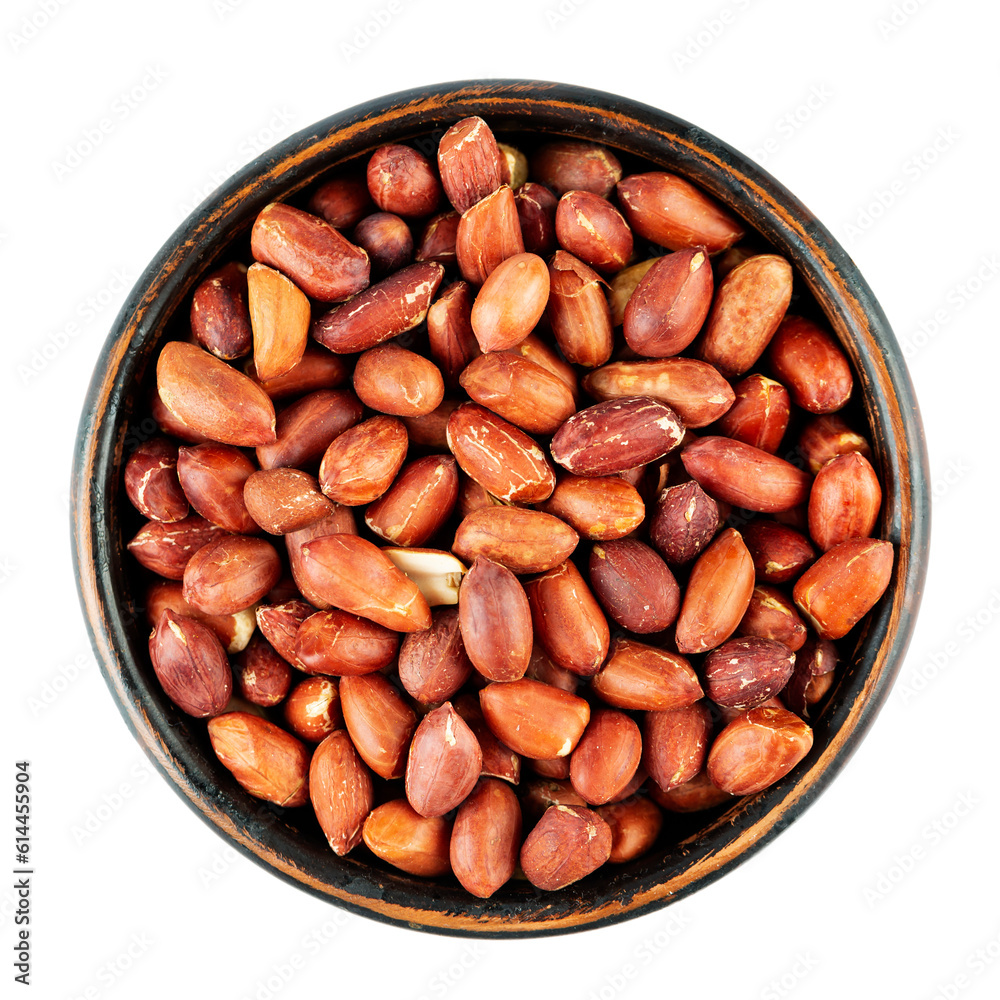 Peanuts, roasted and salted, in bowl isolated on white background