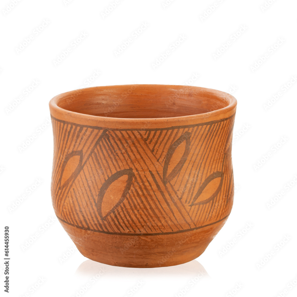 Clay cup with ornament, without handle. Rustic style. Isolated on white background Clay cup with ornament, without handle. Rustic style. Isolated on white background