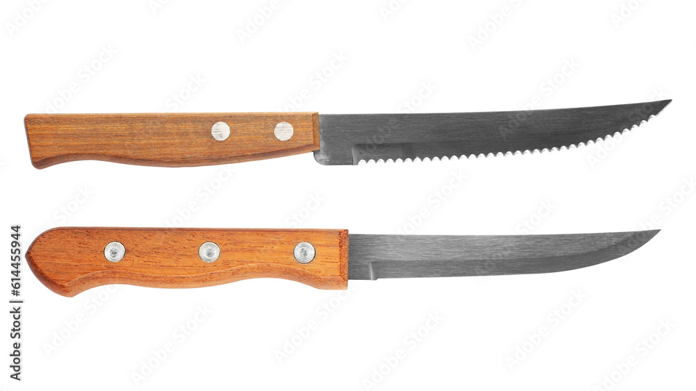 Kitchen knife and steak knife with wooden handle Isolated on white background. Kitchen knife and steak knife with wooden handle Isolated on white background.
