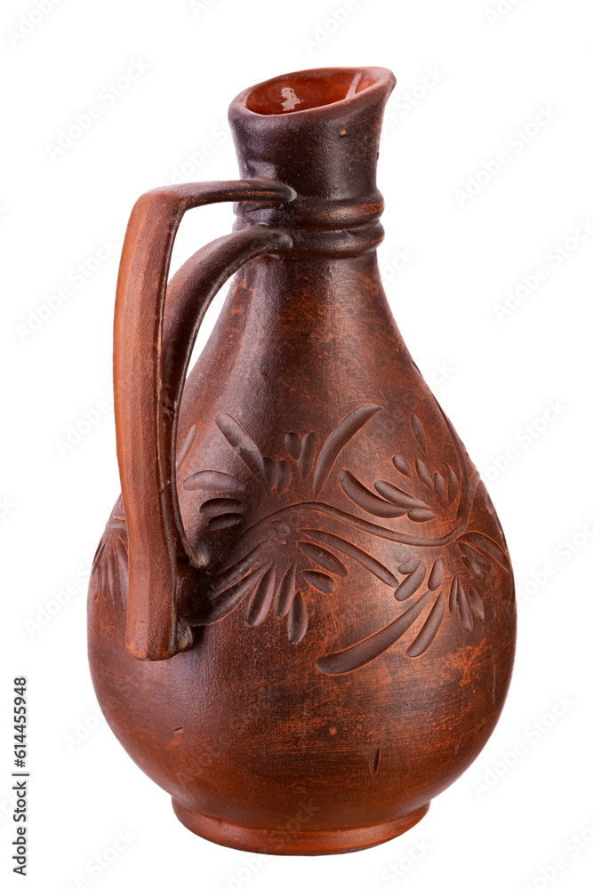 Clay jug with a narrow neck liquid for water or wine, isolated on white background. Full depth of field.