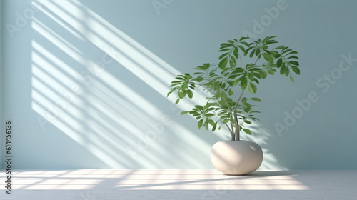 Sunlight shining into empty room. 3D rendering, bright room with blue walls. Exotic houseplants.