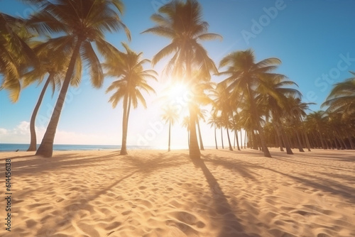 landscape sunset beach island palm sun sunrise ocean sea sky. Generative AI.
