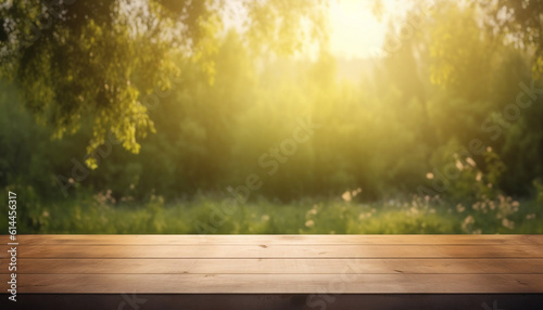 Spring mockup background, Blank wooden tabletop in front, blank space to display graphics, In the background, the rays of the setting sun illuminate blurred meadow, trees or forest, Generative AI