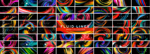 Mega collection of rainbow color fluid wave lines on black backgrounds. Backdrop bundle for wallpaper, banner, background, landing page, wall art, invitation, prints, posters