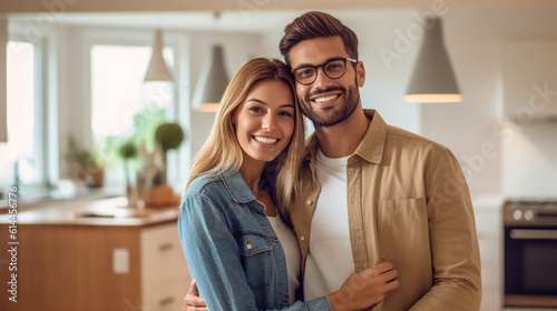 Happy young couple home owners holding keys in new home created with generative AI technology