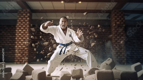 Karateka crushing a bricks with the fist created with generative AI technology photo