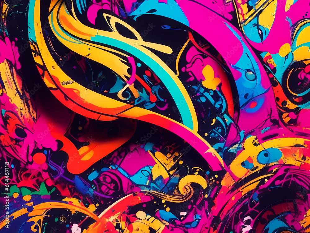 Bright juicy background colorful graffiti on the wall, abstract patterns. AI generation