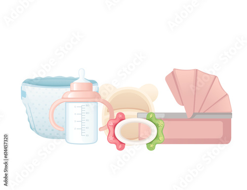 Set of items for baby care carriage milk bottle and toys vector illustration isolated on white background