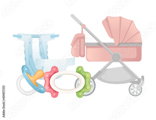 Set of items for baby care carriage diaper and toys vector illustration isolated on white background